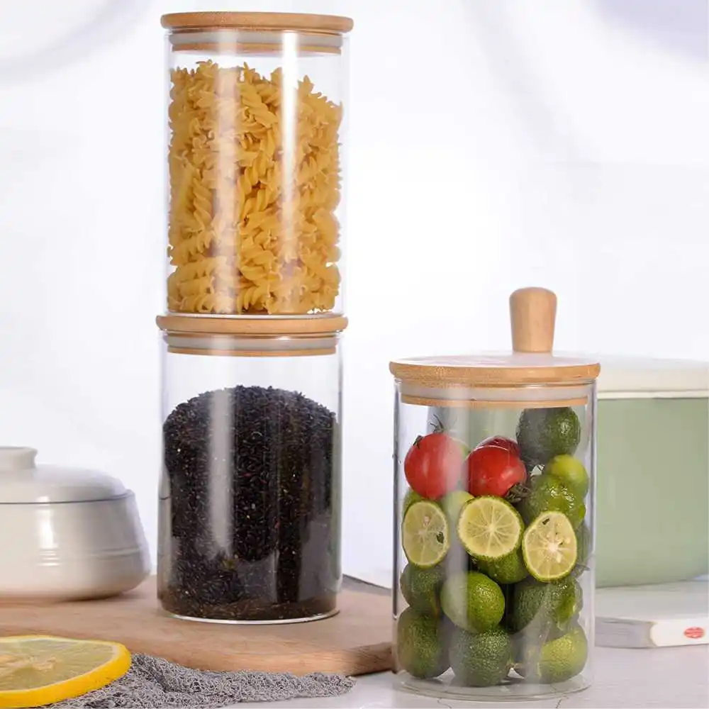 
High borosilicate 3 pieces glass storage jar bottle with bamboo wood lid glass kitchen food container set 