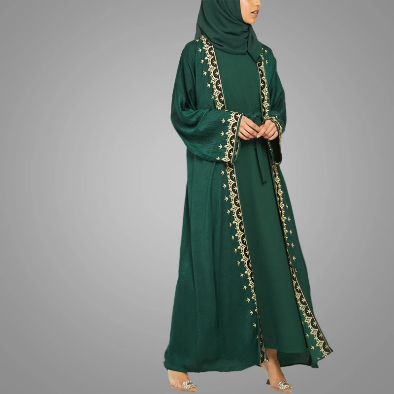 Wholesale High Quality Modest Front Open Abaya Dark Green Embroidery Dubai Style Kimono Abaya Traditional Muslim Women Clothing