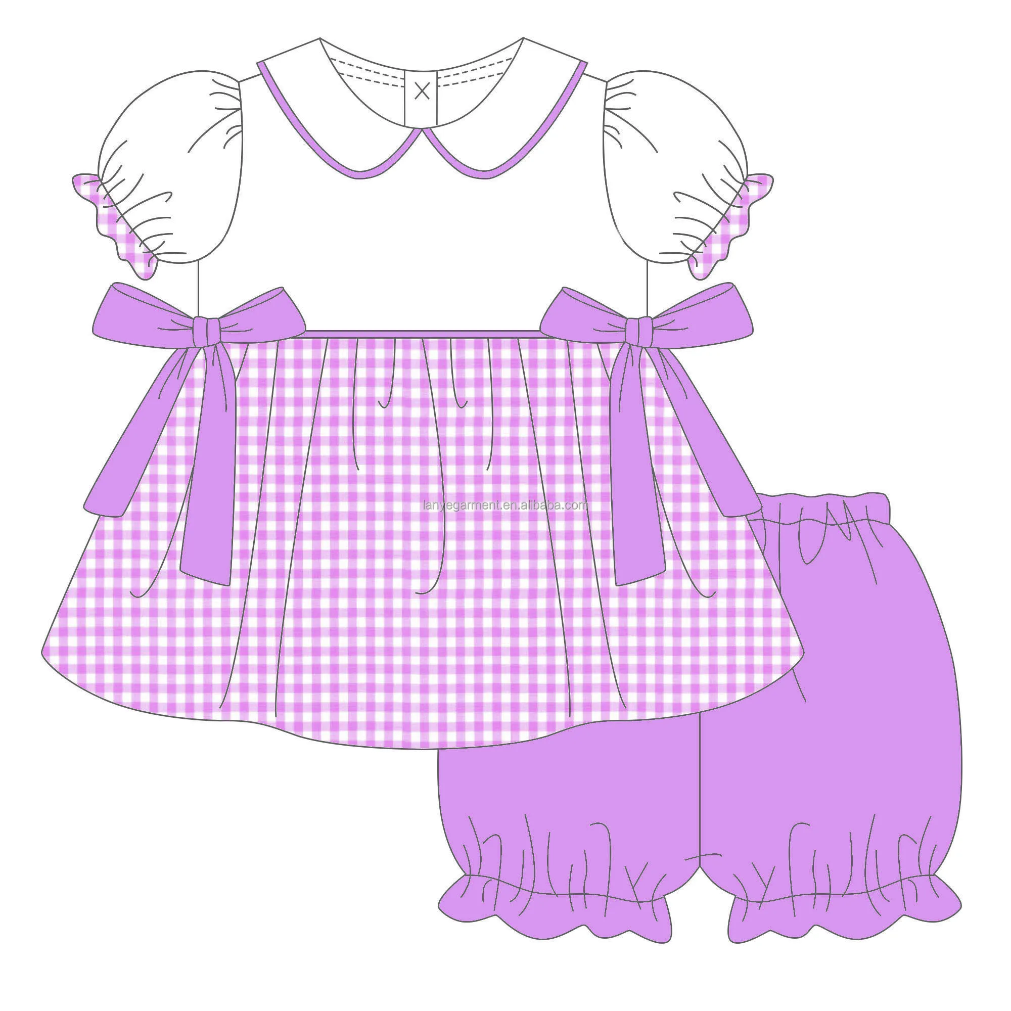 Bubble sleeve bow woven plaid doll collar strip children s boutique clothing baby clothing sets baby girls