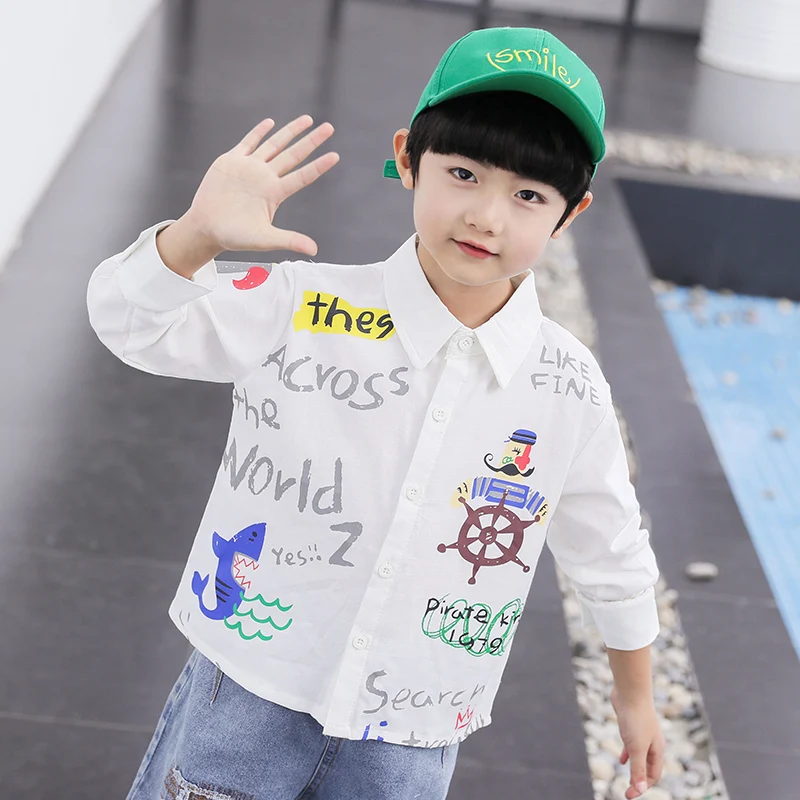 
Boys boutique clothing 100%cotton long sleeve printed floral white slim fit button down boys casual shirt 