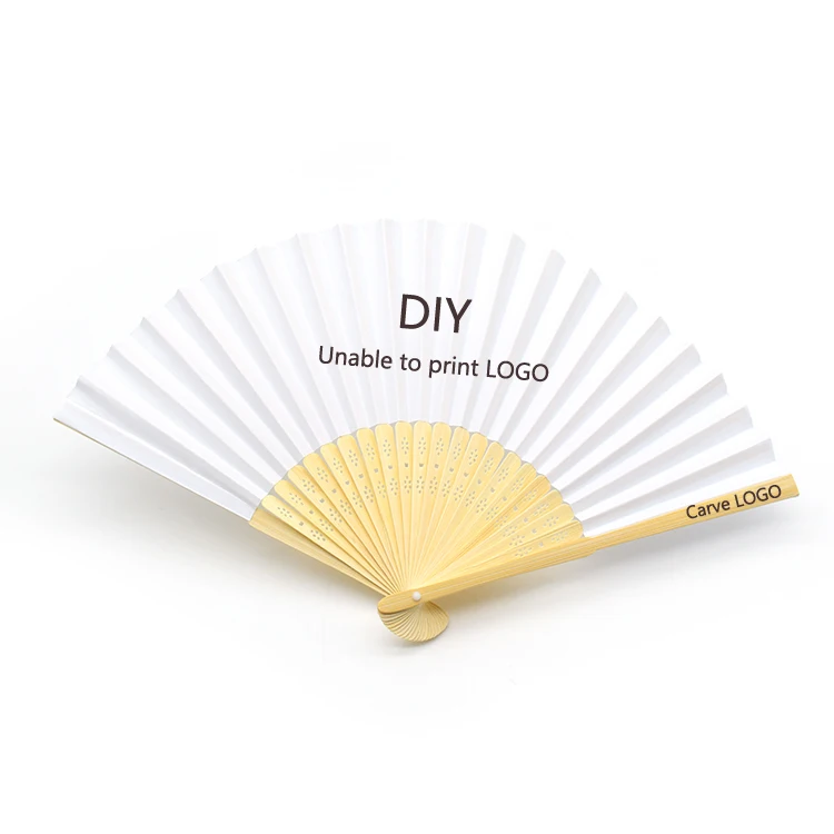 Custom LOGO Blank White Paper Bamboo Folding Hand Fan Handheld Folded Fan For Wedding Party