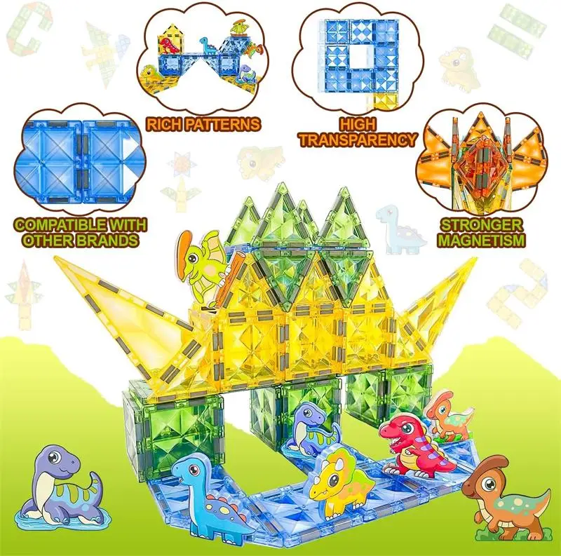 STEM Magnet Toys 90pcs Magnetics Tiles For Kids Educational Magnetics Building Blocks Set Dinosaur Toy For Children
