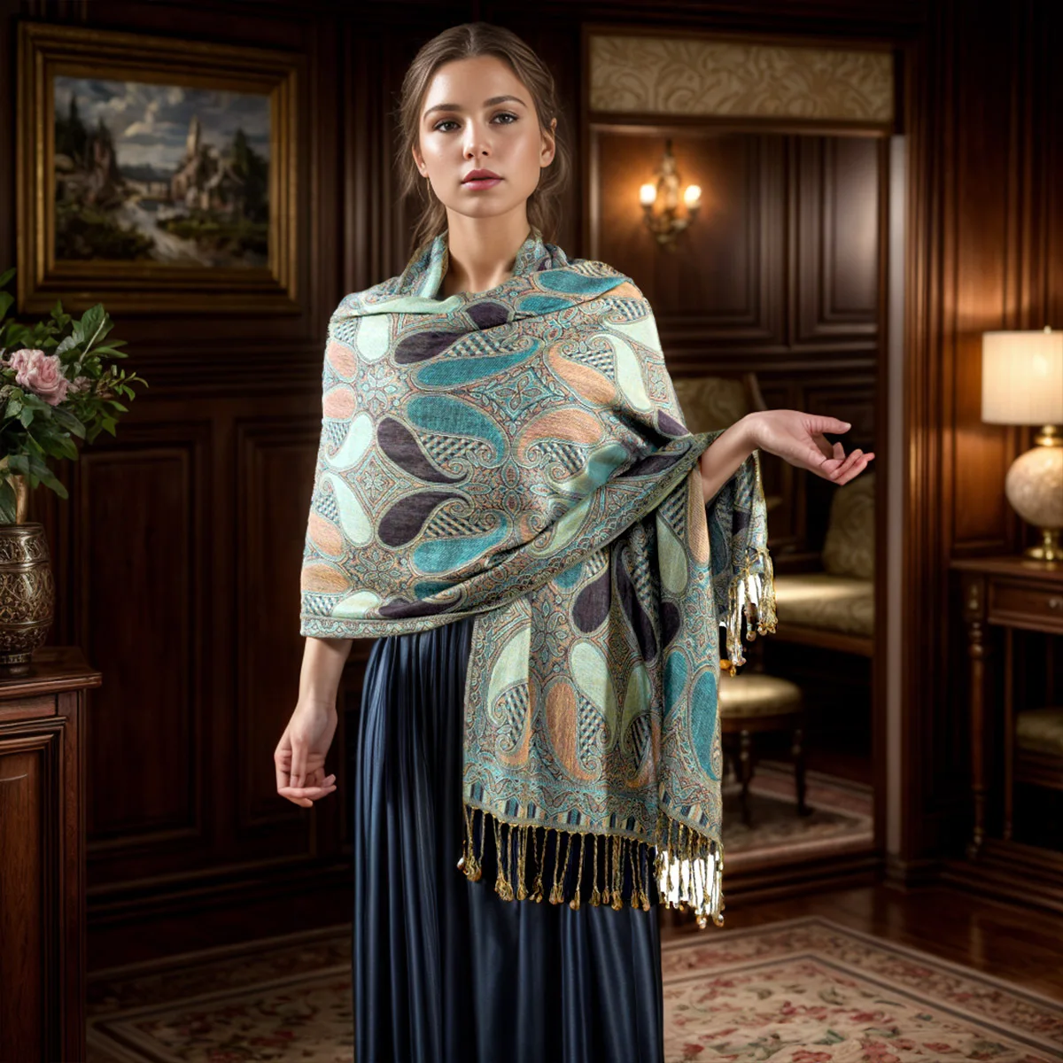 Bohomonde pashmina shawl with tassel Indian floral paisley cashmere scarf nepal poncho for women