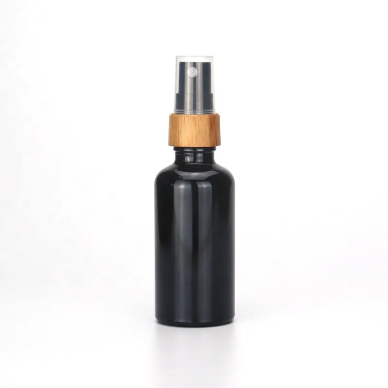 50 ml black glass bottle empty cosmetic serum bottle with bamboo pump 18/410 bamboo wooden spray