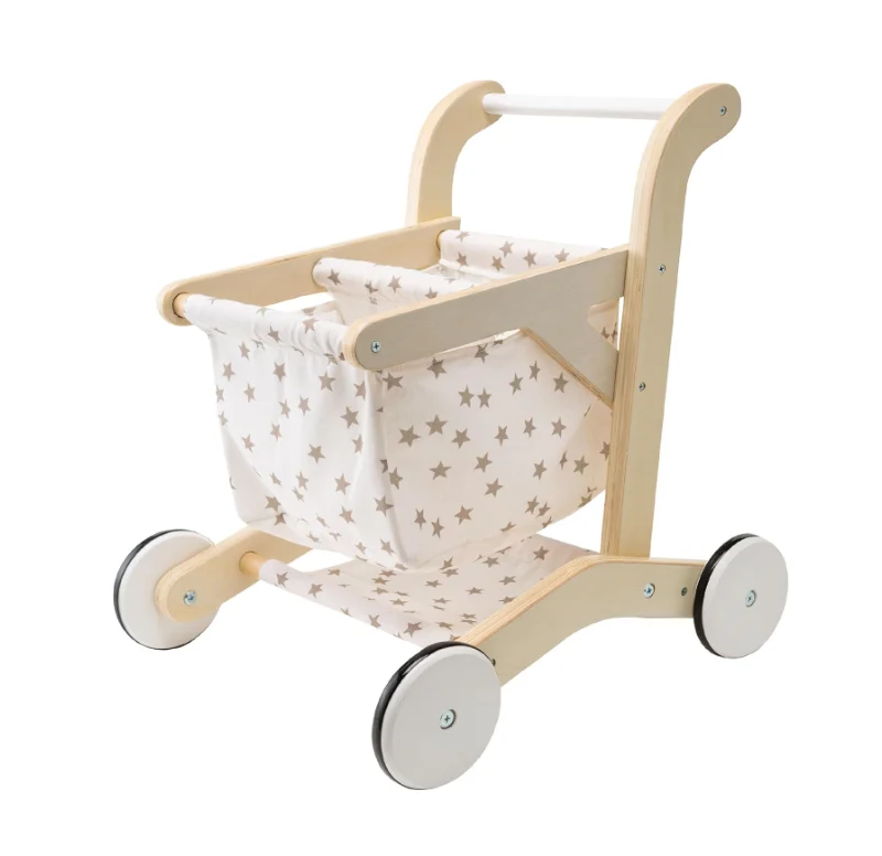 Learn Push Walker Toy Baby Doll Stroller Wooden Baby Dolls Walkers Shopping Cart with Wheels for Kids