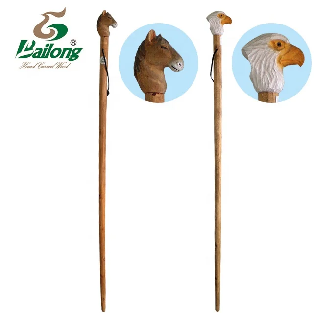Outdoor wood carving animal wooden walking stick with display