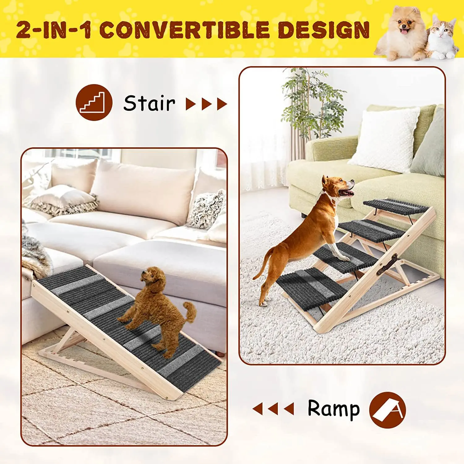 Indoor Pet Ramp Couch Wooden Folding Pet Stairs Dog Ramp Non Slip Adjustable Portable Pet Small Dog Ramps Climbing Ladder