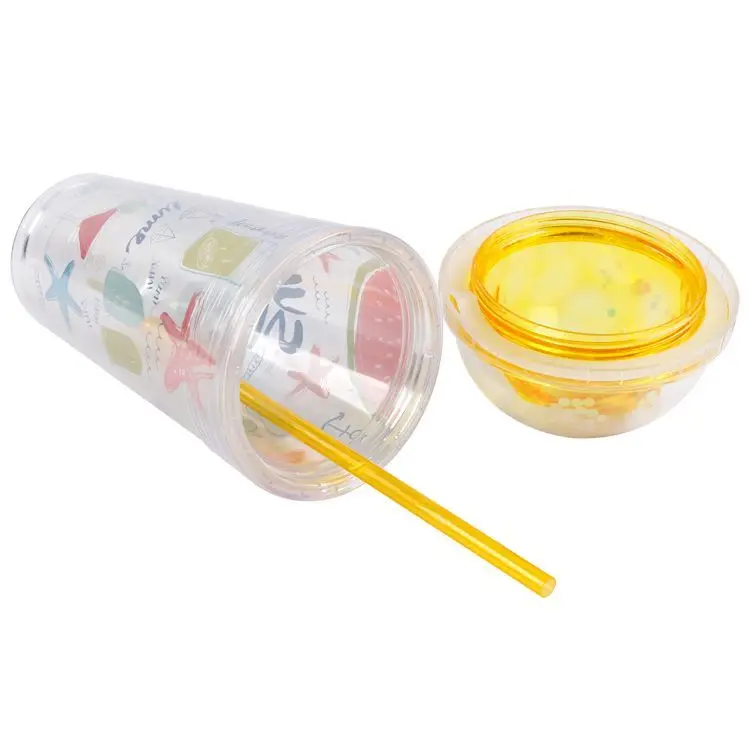Wholesale Promotional 400ml Fruit Print Double-wall Dome Top Drinking Plastic Water Bottle with Lid and Straw