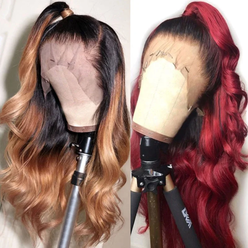 Двухцветный парик из человеческих волос с эффектом омбре, фронтальная волна T1b, бордовый, 99j, парик медового цвета, светлый, цветные волосы для наращивания, парики для чернокожих женщин