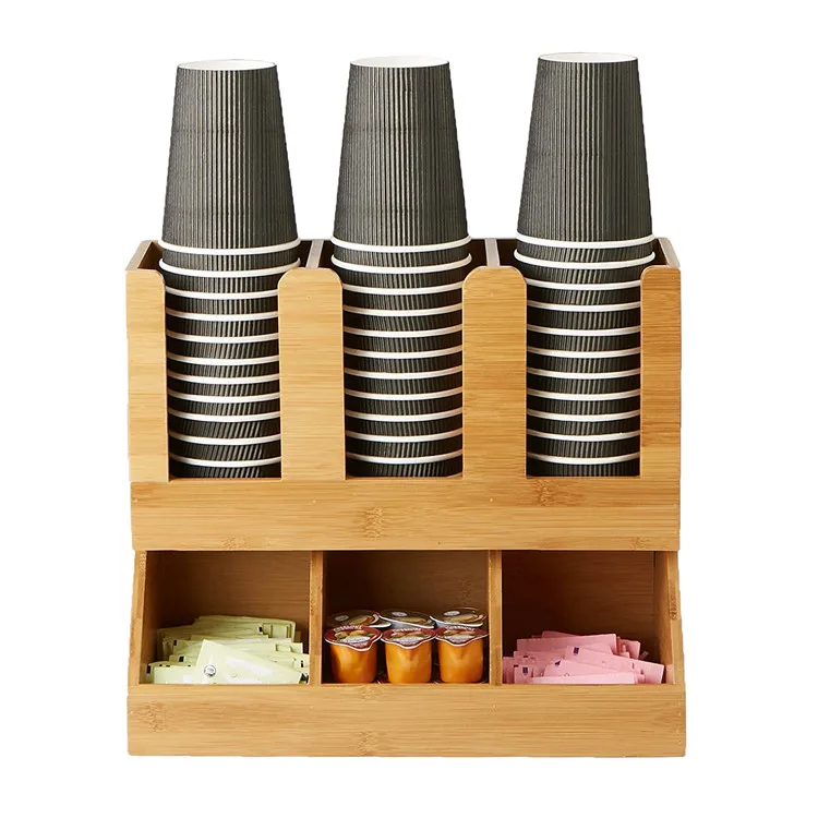 6 Compartments wooden table caddy condiment Bamboo Upright Coffee Breakroom Condiment and Cup Storage Organizer