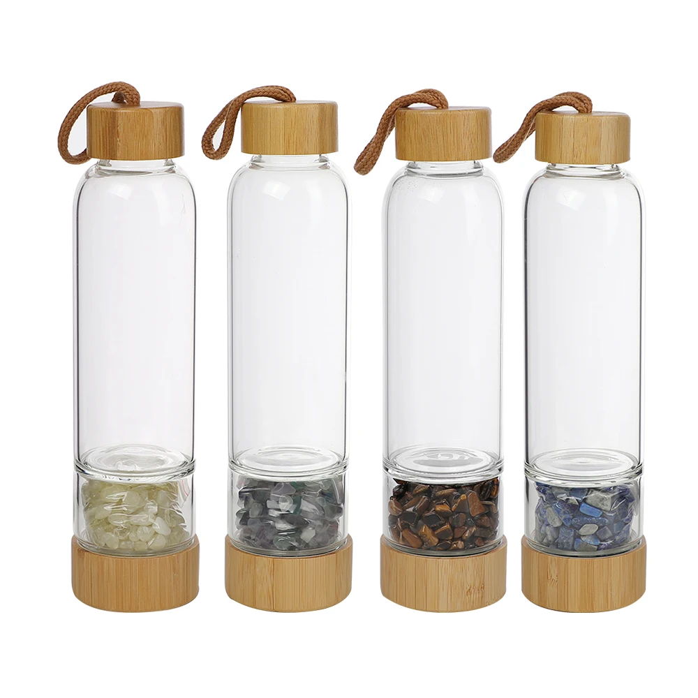 Natural Crystal Infused Glass Water Bottle Bamboo Lid Gemstone Water Bottle with crystal inside