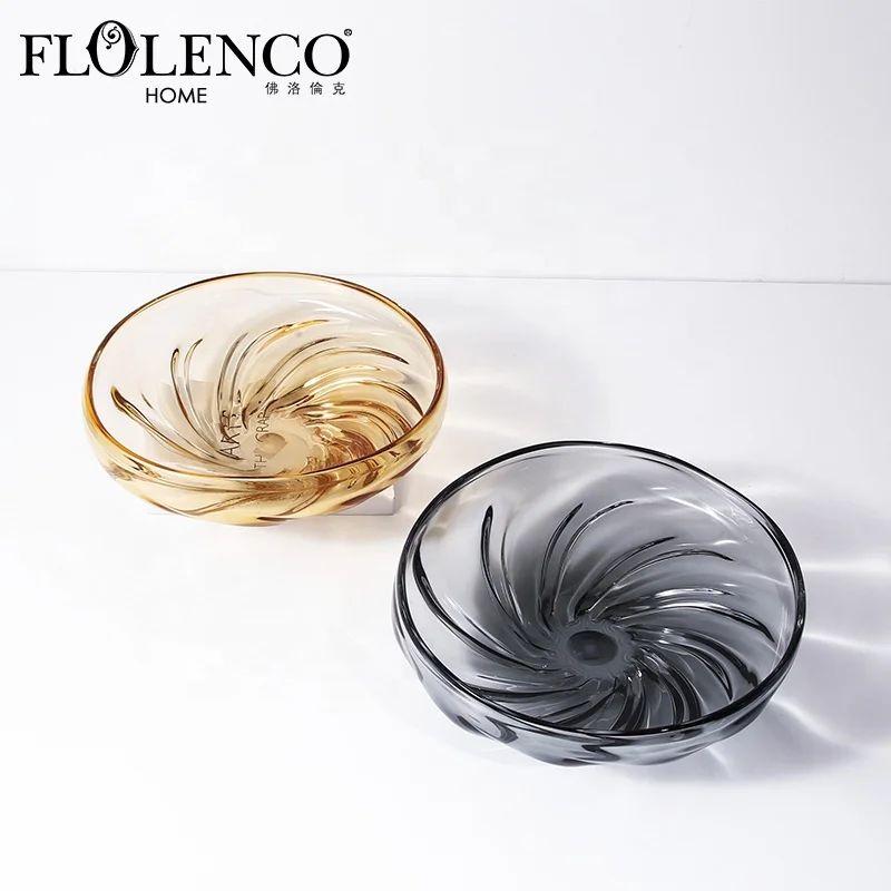 Flolenco Luxury Large Black Grey Yellow Ribbed Crystal Glass Fruit Salad Serving Decoration Plates And Bowls