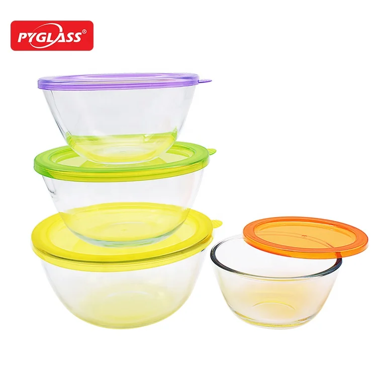 4 piece high borosilicate Kitchen & Tabletop dinnerware glass salad bowl set with PP lid