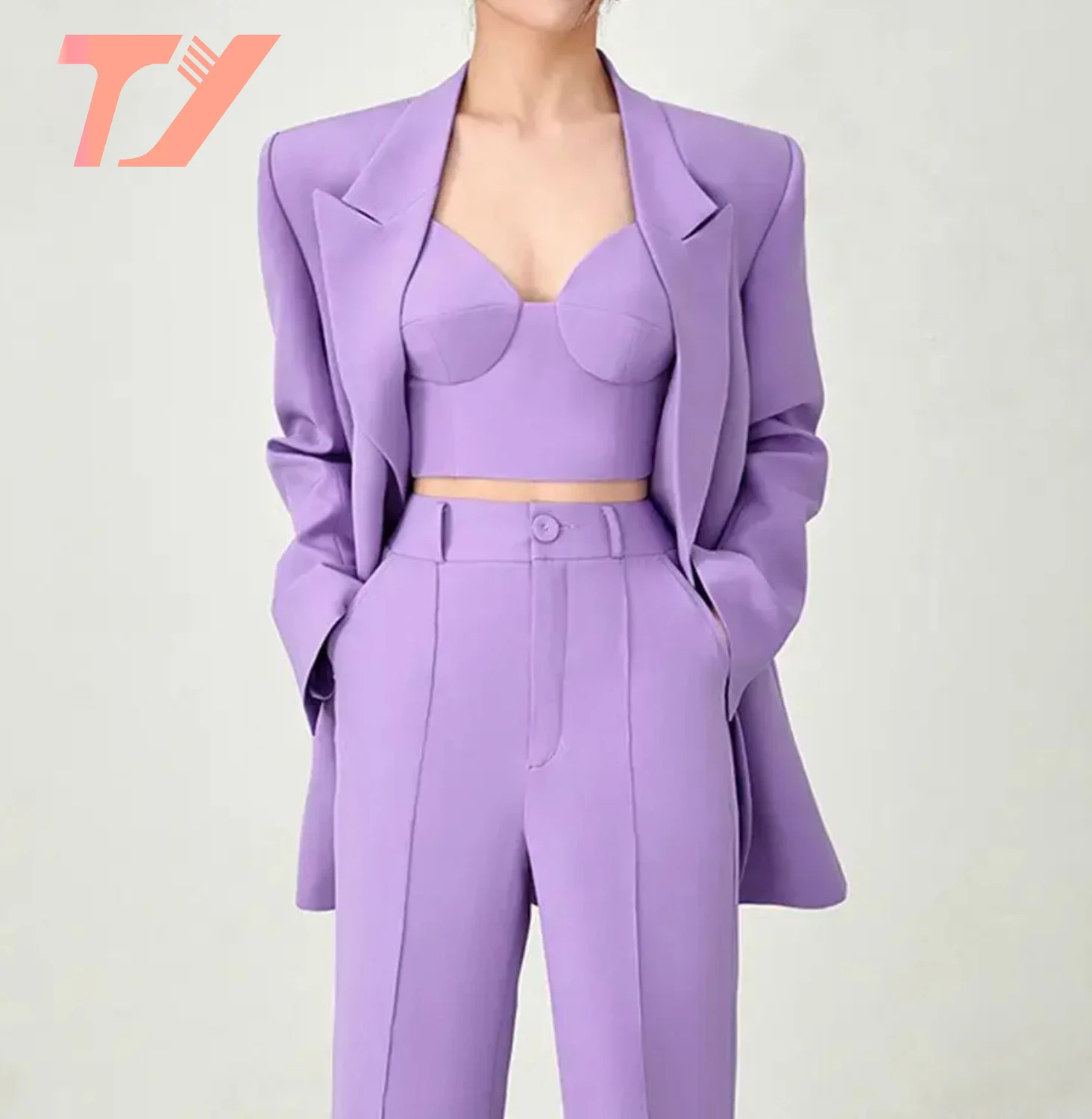 TUOYI Women Asymmetric Ruffle Hem Business 3 Piece Set Office Outfit Double Breasted Office Suits Set For Women