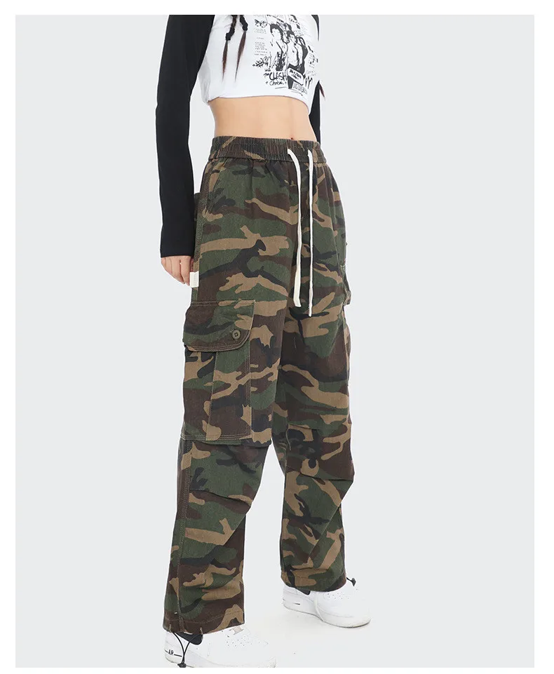 Street Style Camouflage Hip Hop Casual Men Women Retro Multi Pockets Camo Cargo Pants with String