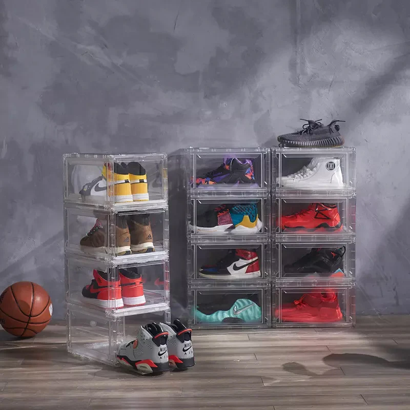 High Quality Plastic Clear Stackable Shoe Case Organizer Container Space Saving Foldable Sneaker Shoe Storage Box