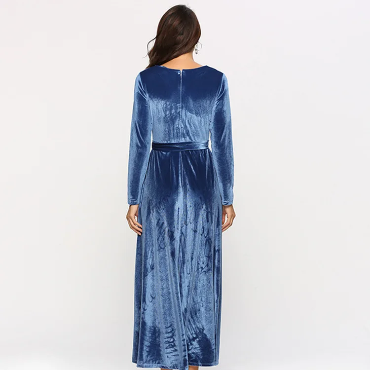 New Women Long Party Dress Plain O-neck Evening Velvet Dresses Maxi Ladies Evening Dress