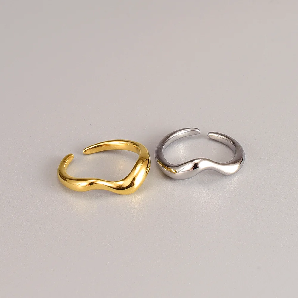 2 Pcs/set 316L Stainless Steel Bending Ring Stackable Silver Gold Plated Wave Adjustable Open Ring for Women
