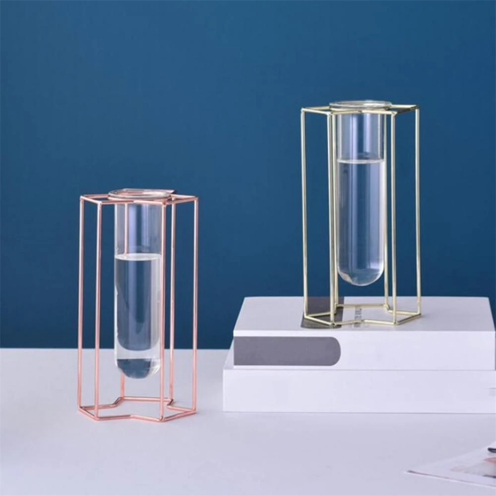 Nordic ins style Glass Vase Sturdy Construction Geometric Hollow Design Iron Modern Hydroponic Flower Pot Decor for living room