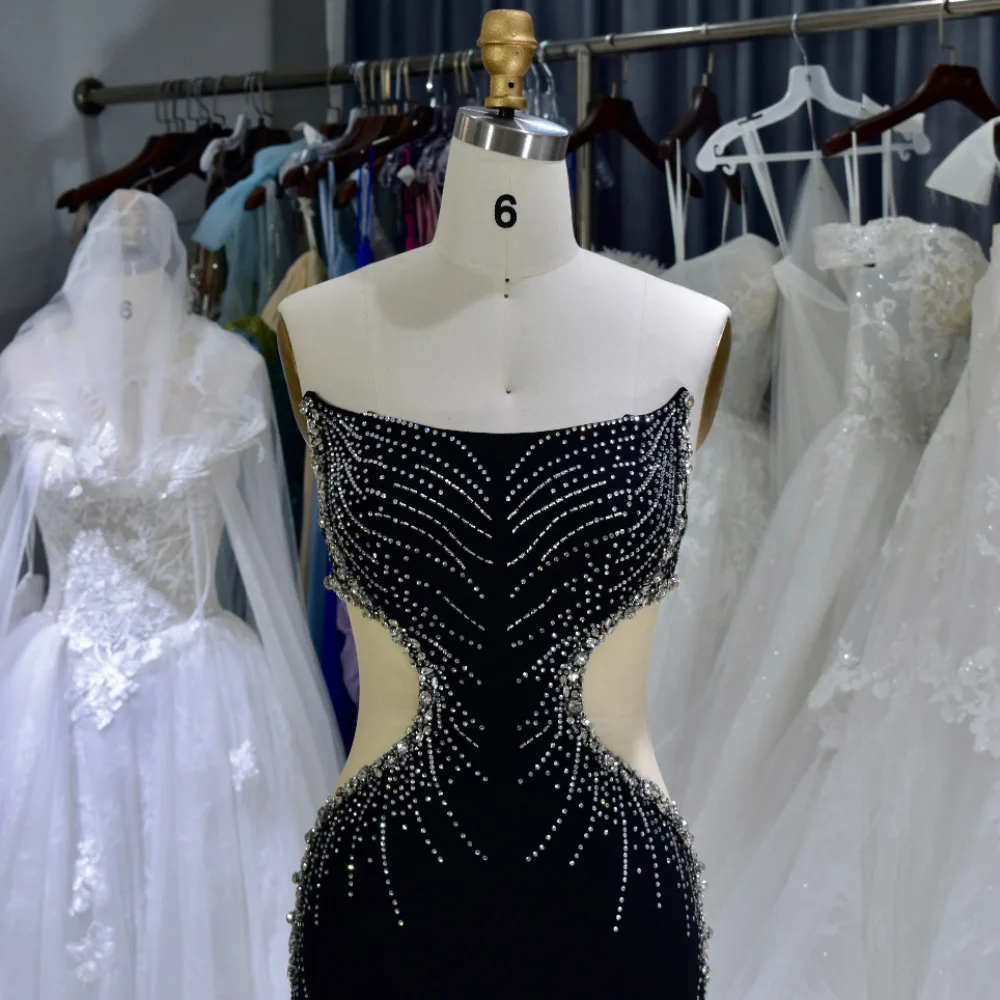 Black chest-top small train design sense, satin studded pearl waist sexy party evening dress, noble fashion tight ball dress