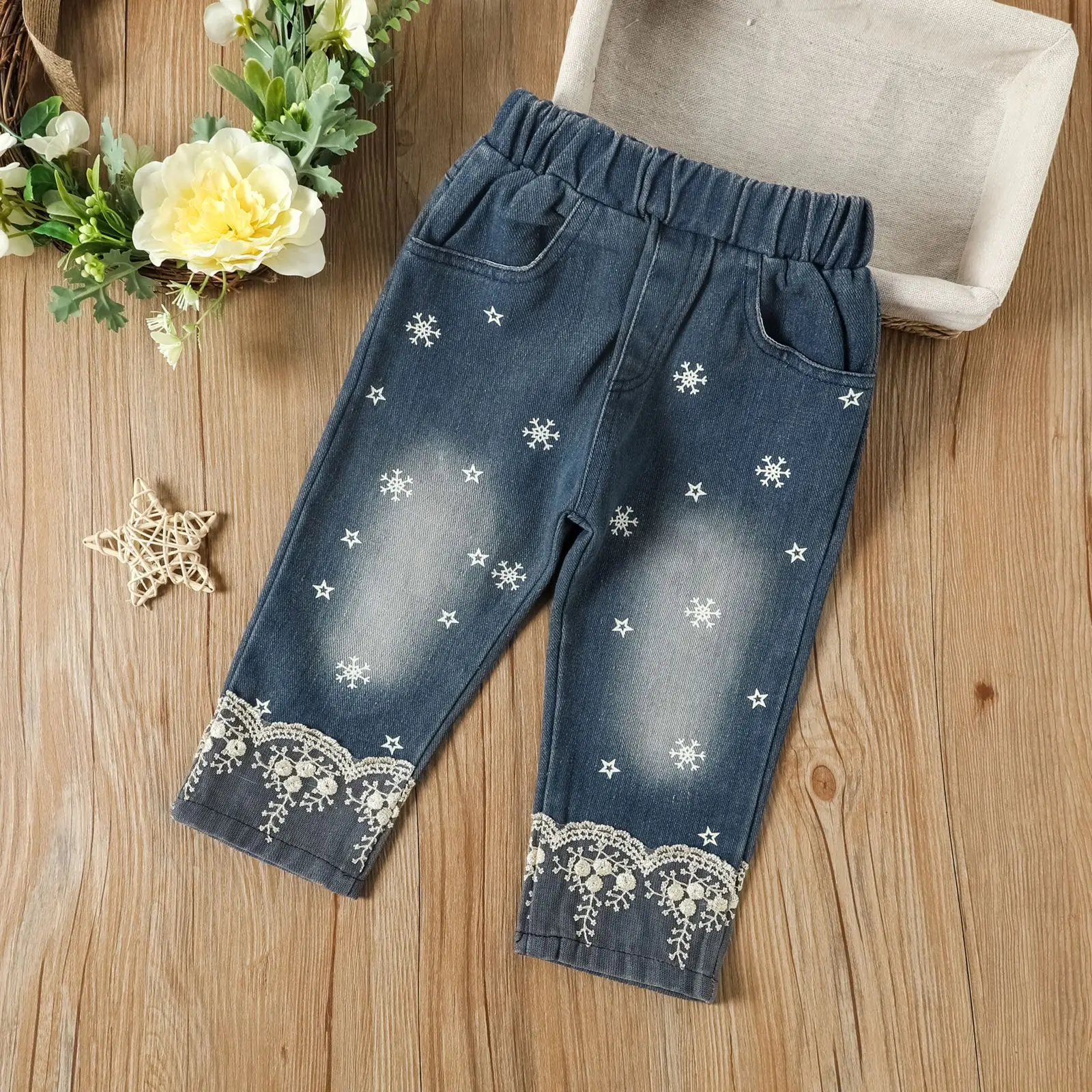 2022 New Girls Spring Autumn Long Bubble Mesh Sleeve Pure Color Knitting Blouse Printed Lace Jeans 2pcs Set Toddler Kids Wear
