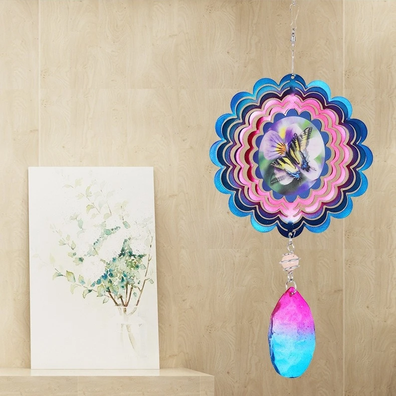 3D Hanging Butterfly Gift Metal Stainless Steel Laser Cut Spiral Sublimation Wind Spinner for Christmas Ornament Gifts
