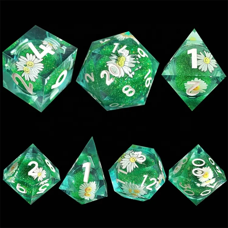 Premium Polyhedral Sharped Edge Quicksand Liquid Core Blue Fire Resin Dice for DND