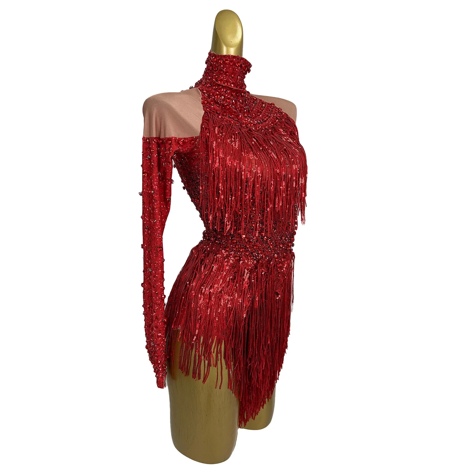 Sexy Red Fringes One Piece Jumpsuits Cheerleaders Drag Queen Las Vegas Show Stage Performance Dance Costume Rhinestone Bodysuit