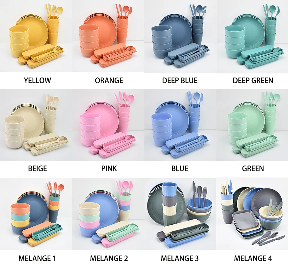 Kids Set 32 Pcs 4 8 Pieces Plastic Pp Dinner Portable Cut Sets Wheat Straw Dinnerware Sets Tableware