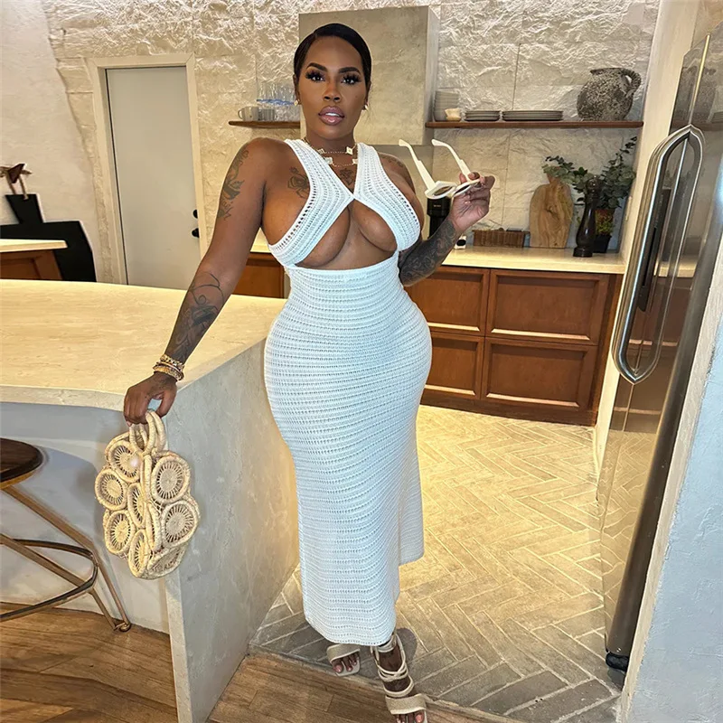 X07036C Crochet Hollow Dress Women See Through Sleeveless Solid Elastic v-Neck Backless Hipster Maxi fall 2023 women clothes
