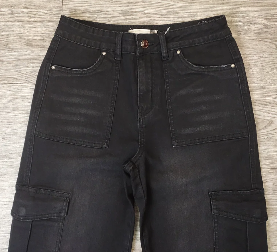 Custom OEM Manufacturer Deep Pocket High Waist Black Baggy Denim Ladies Long Parachute Cargo Pant For Women Jeans Trousers