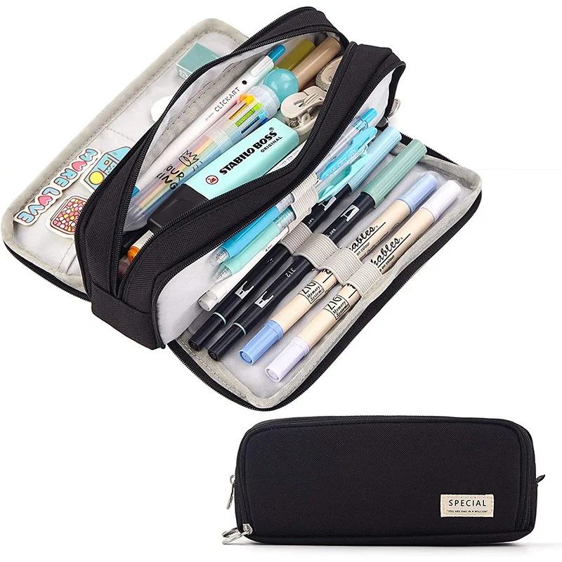 Large Capacity Canvas Pencil Case with Multi-Compartment Design for Students and Office Professionals