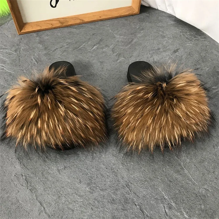 
Summer outdoor real fur slippers flat furry luxury women real fur slides 