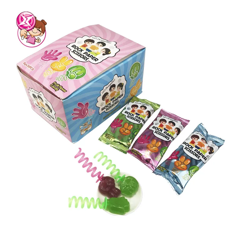 Wholesale fun finger guess spring candy toys Scissors Rock Paper shape mini fruit hard candy