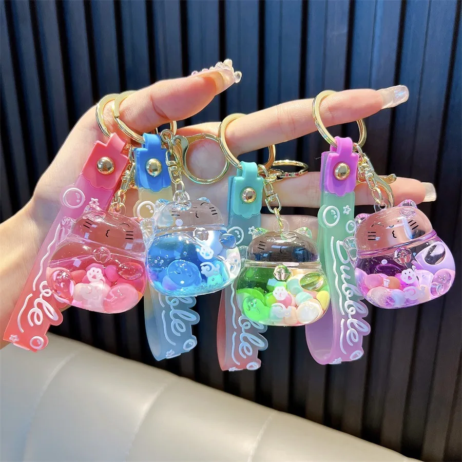 Cute Rubber Keychain Acrylic Liquid Filled Keychain Floating Anime Keychain Quicksand Bottle Key chain Bag Accessories