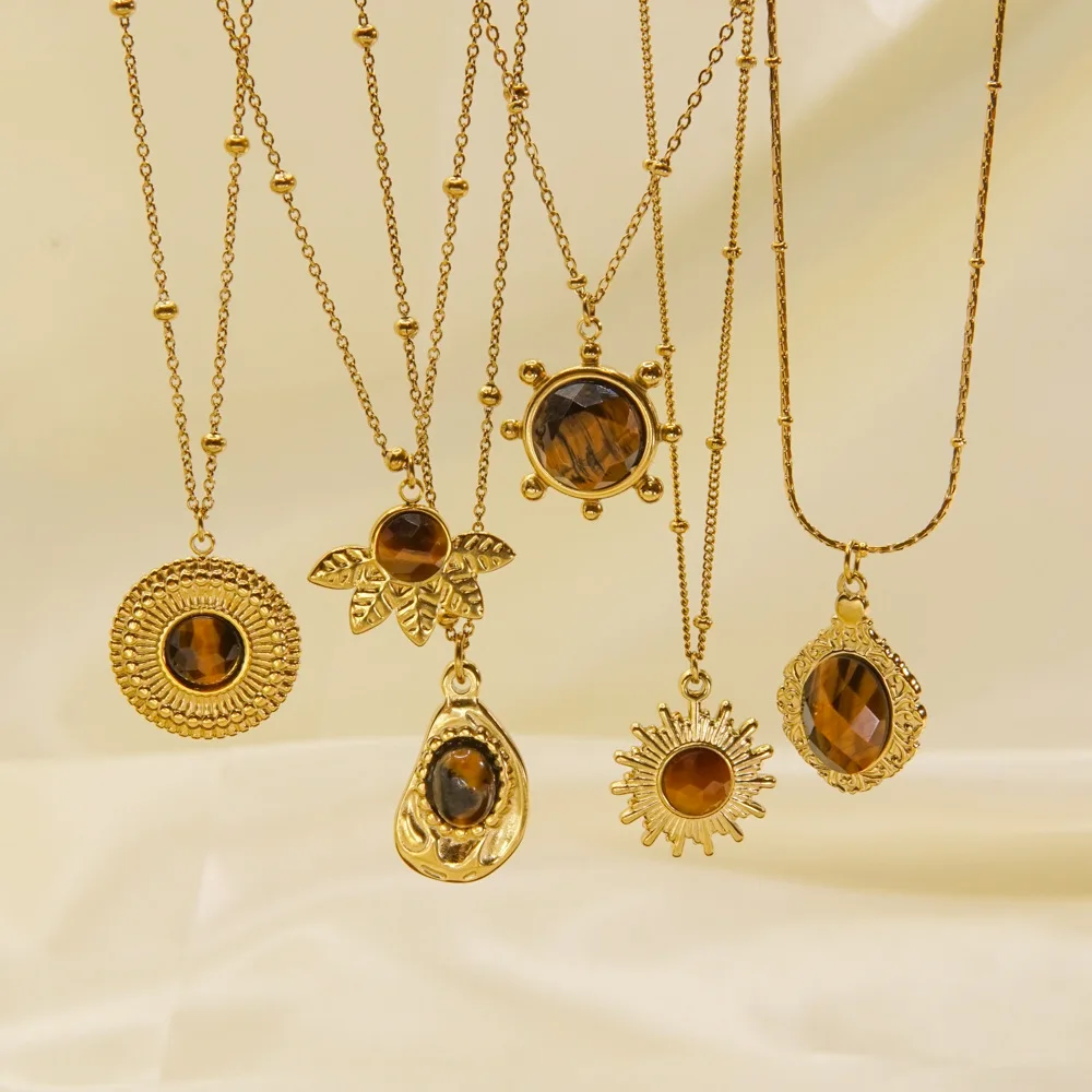 Water Proof Titanium Steel Stainless Steel 14K Gold Geometric Round Sun Natural Gem Stone Tiger Eye Necklace for Men Women