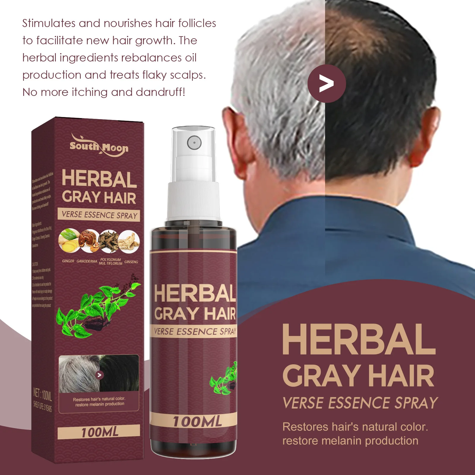 Best Selling Herbal Liquid Anti Greying Gray White to Black Hair Serum Herbal Liquid Hair Blackening Darkening Spray