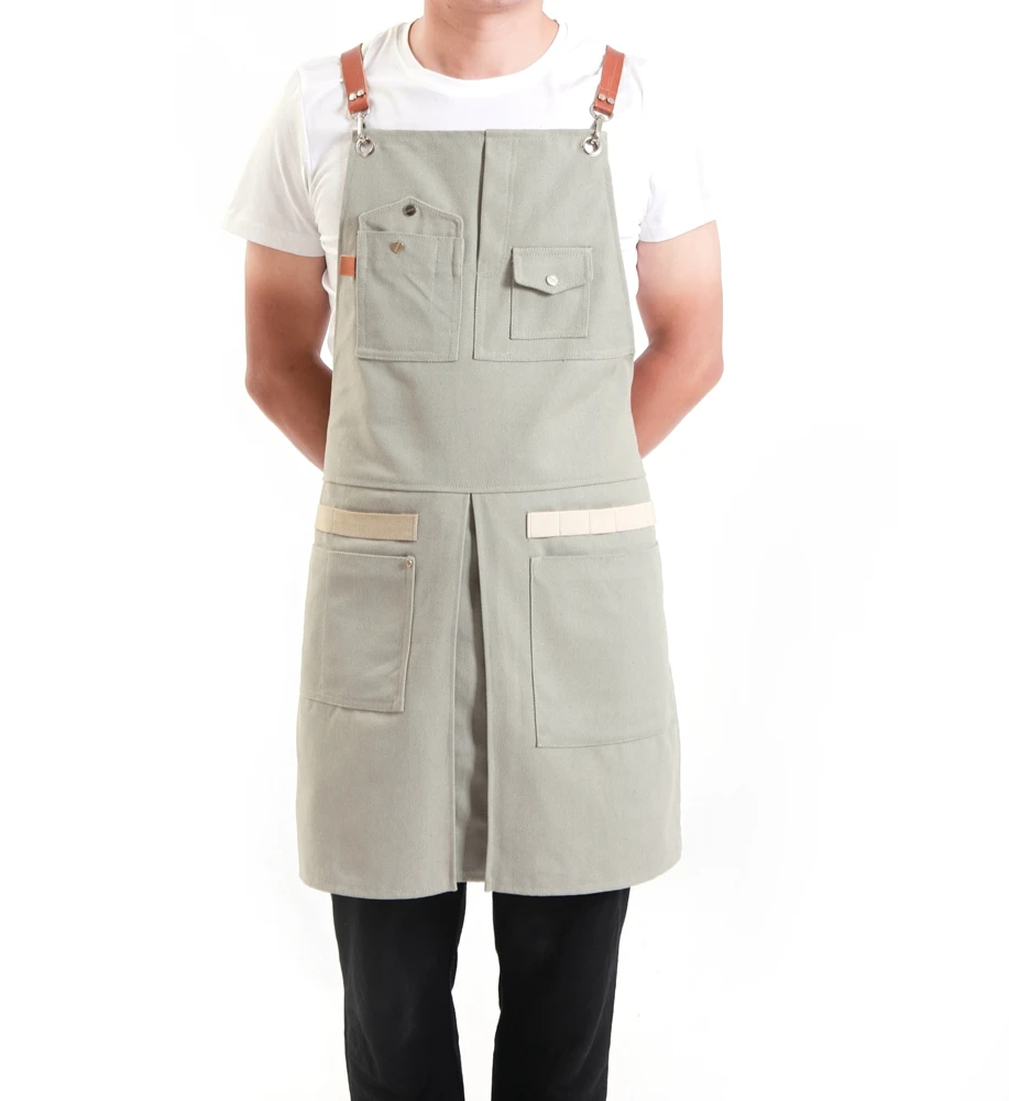
Durable Twill Cross Back Barber Gray Apron Split Leg Adjustable Bartender Aprons 