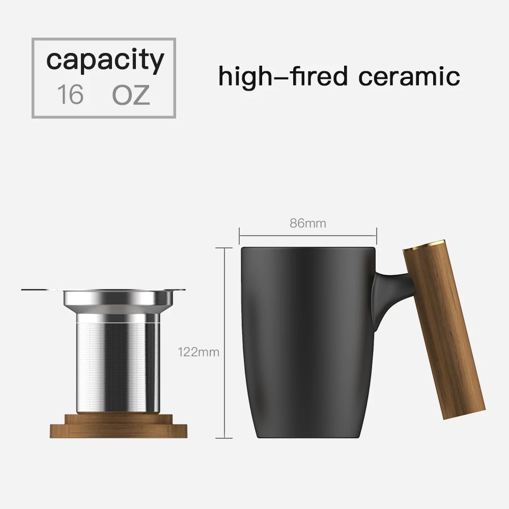 DHPO minimalist 15 oz matte yellow coffee ceramic mugs porcelain  bubble tea cup with stainless steel filter and wooden lid