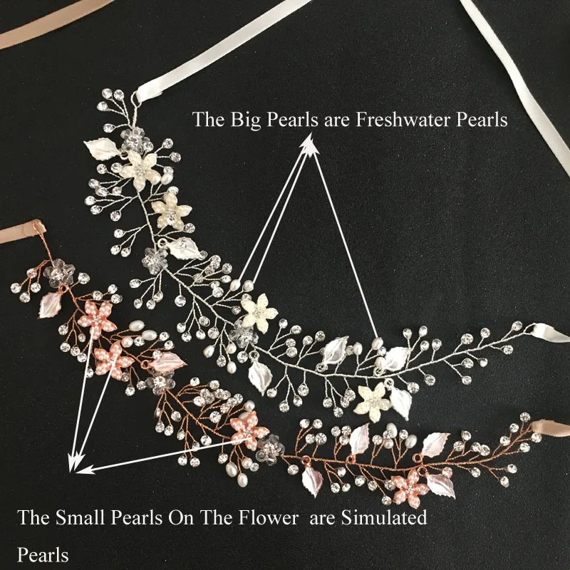 Женский обруч для волос SLBRIDAL, обруч ручной работы со стразами, пресноводным жемчугом, цветами, листьями, свадебное украшение