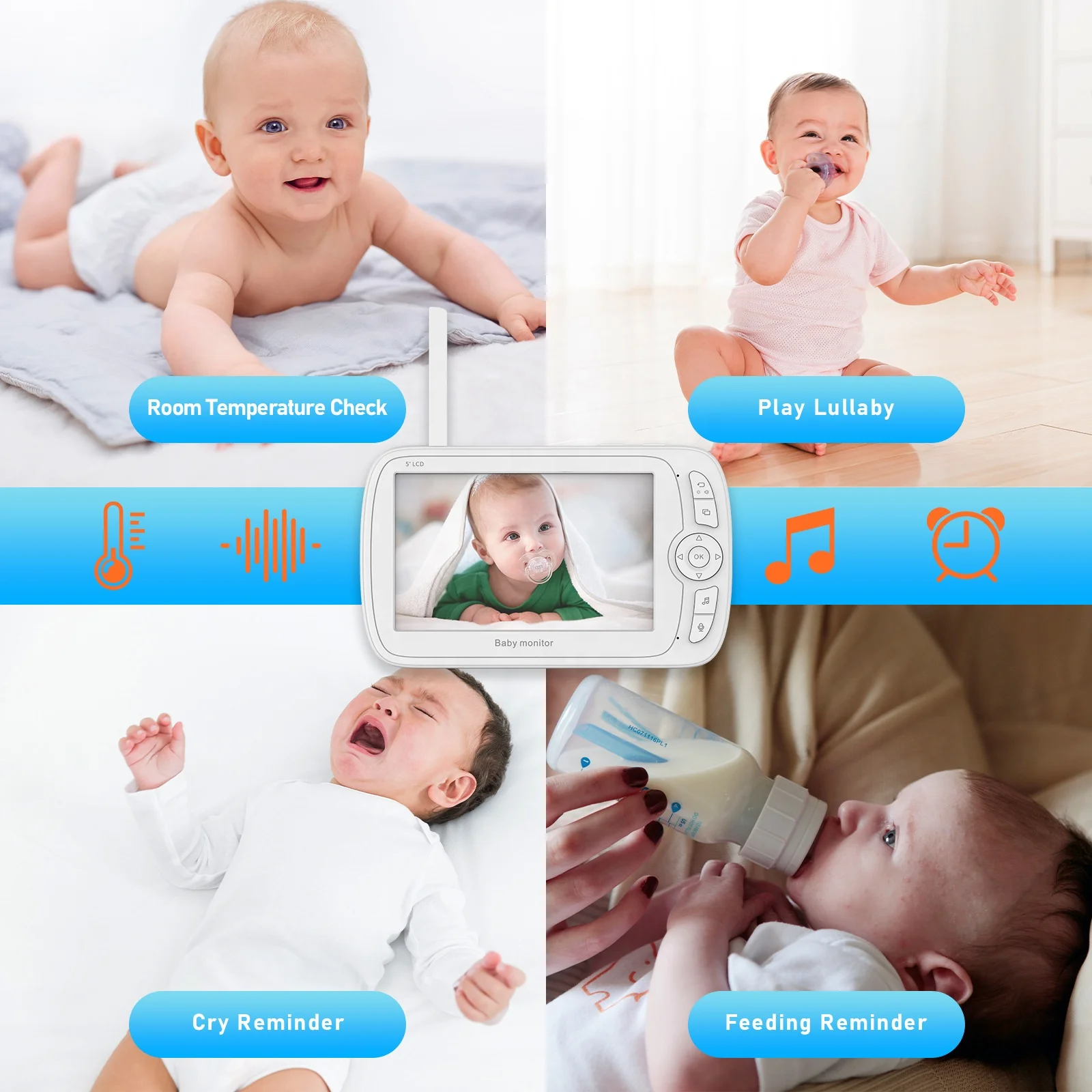 Wireless 1080P smart audio video night vision camera 5inch baby monitor with screen