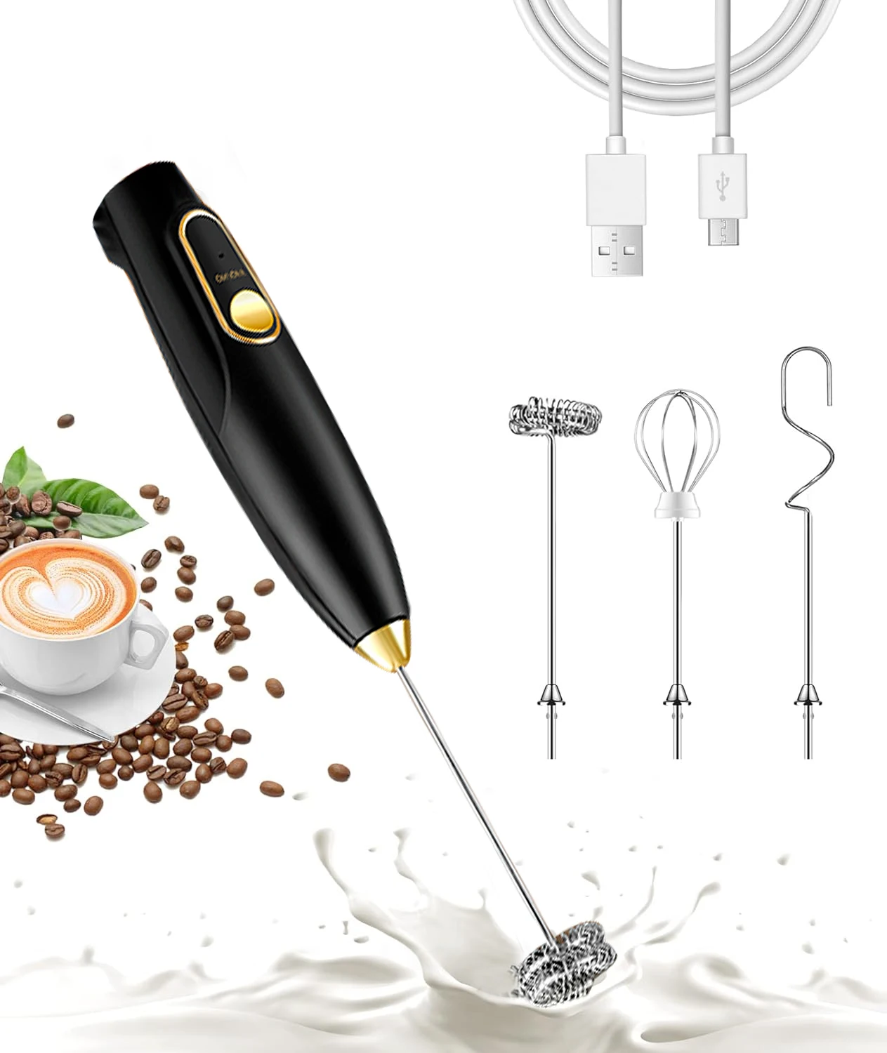 Handheld  Electric Whisk 3 Speed Adjustable Coffee Frother Wand Rechargeable Milk Frother With 3 Stainless Whisks