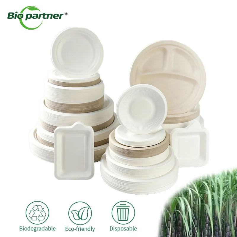 Heavy Duty Disposable Restaurant Tray Sugarcane Bagasse Flat Natural Dinner 9 Inch Dishes Paper Plate