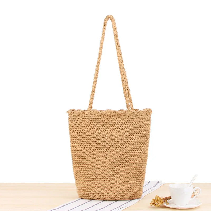 Fashion Boho Crochet Knitted Drawstring Bag Summer Beach Casual Tote Handbag Women Vacation Handmade Eco Friendly Shopping Bag