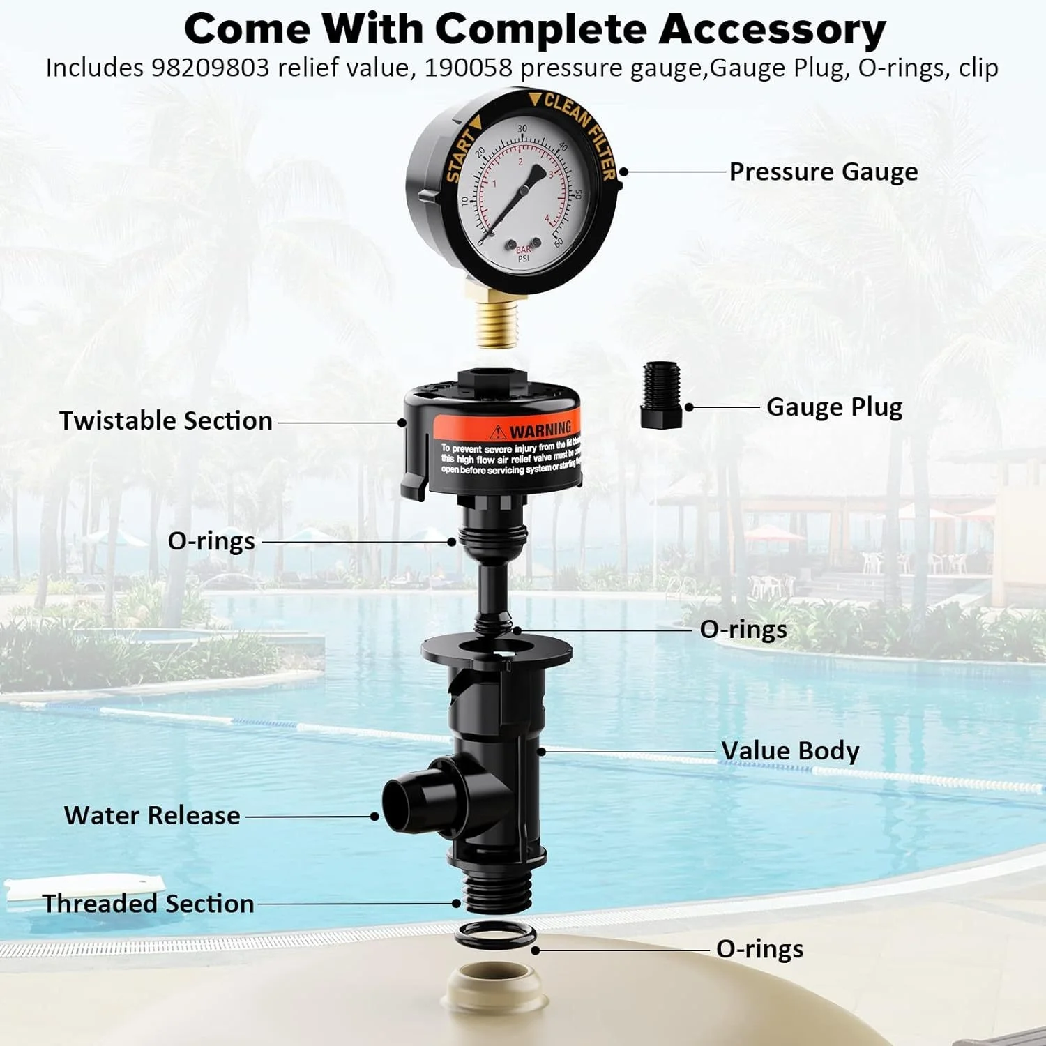 High Flow Manual Relief Valve Air Relief Manual Valve Assembly with Pressure Gauge, 98209800 Replacement for Pool and Spa Filter