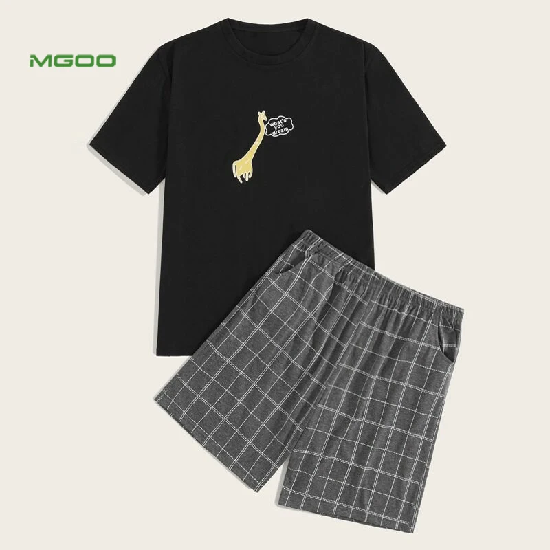 
MGOO Custom Short Sleeve Adult Animal Round Neck Plaid Giraffe Print Men Pajama Set 