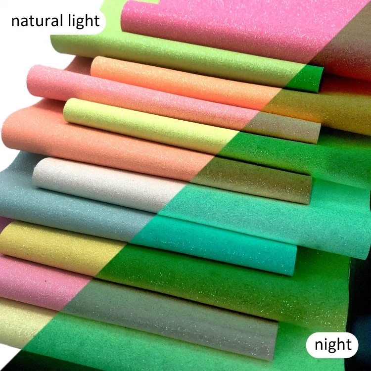 Glow in the Dark Faux Leather Sheets Solid Color Fine Glitter Synthetic Leather Fabric for DIY Bows 19794