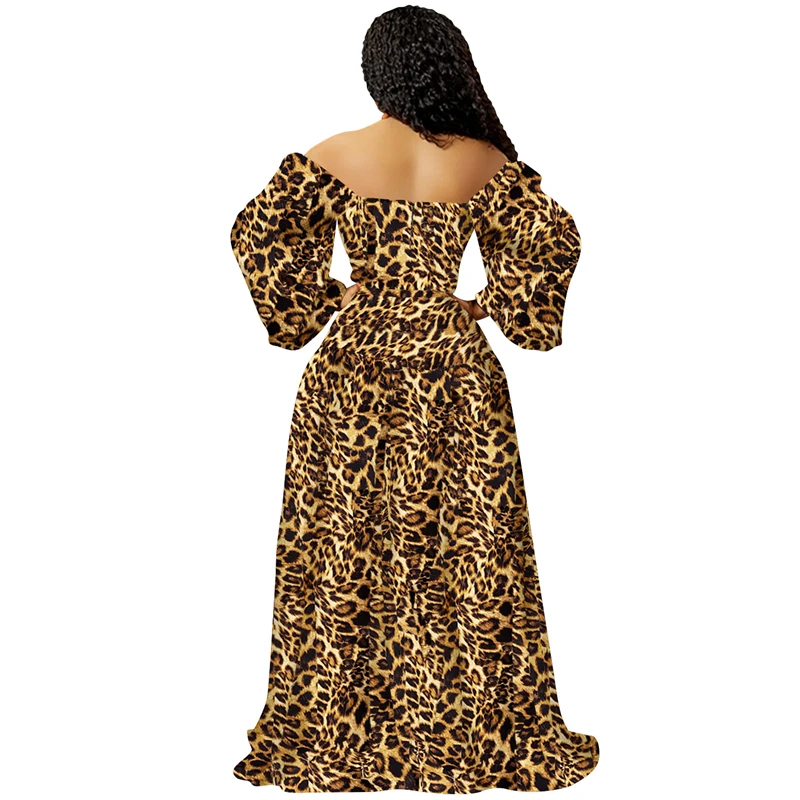 2022 fall new arrivals ladies women sexy tigere striped leopard print long sleeve off shoulder maxi long dress long sleeve