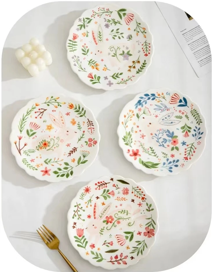 Printed flower rabbit pattern ceramic dished plates pastoral style breakfast dessert plate Easter Christmas gift