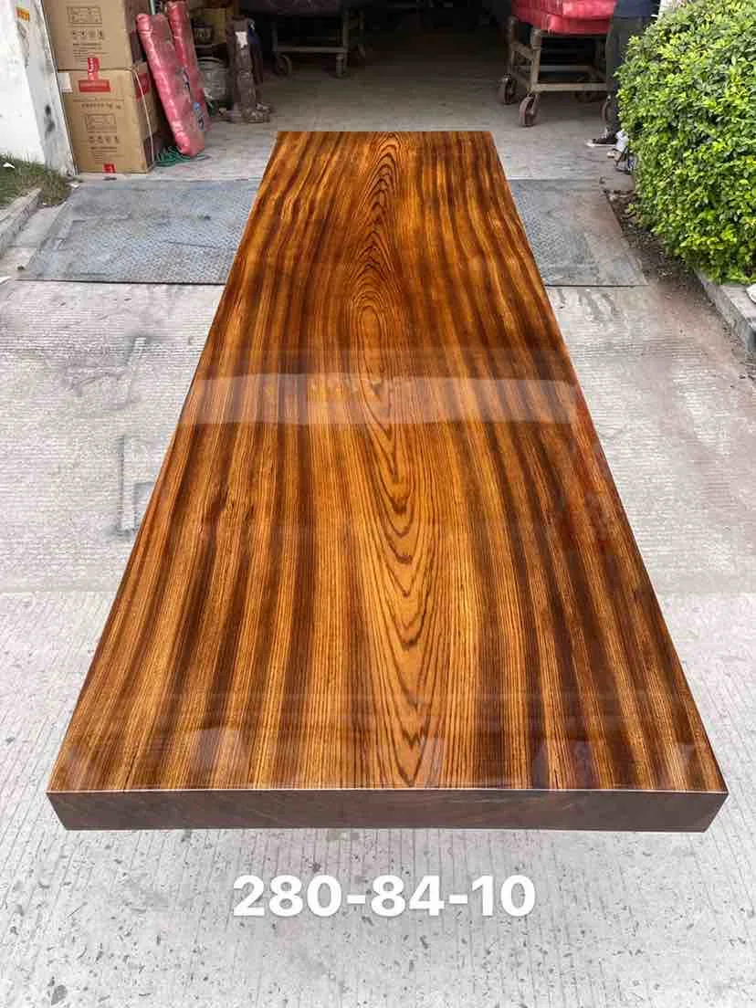 Factory Wholesale Kiln-dried African Zingana Slab Glossy Finish Solid Wood Dining Table Top In Stock Ready To Ship